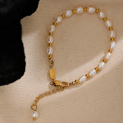 Handmade Natural Freshwater Pearl Bracelet with 18K Gold Plated Beads