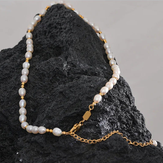 Natural Freshwater Pearl Necklace with 18K Gold Plated Beads