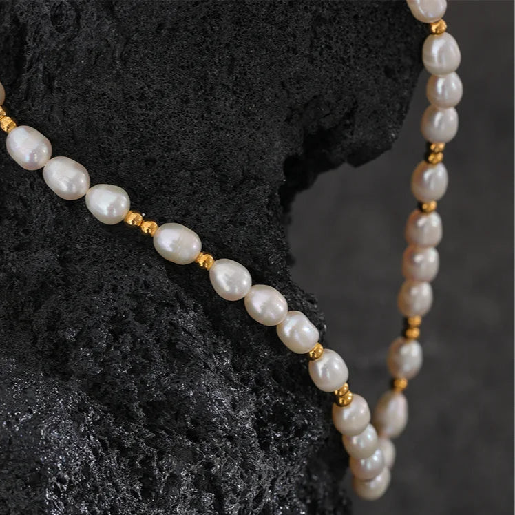 Natural Freshwater Pearl Necklace with 18K Gold Plated Beads