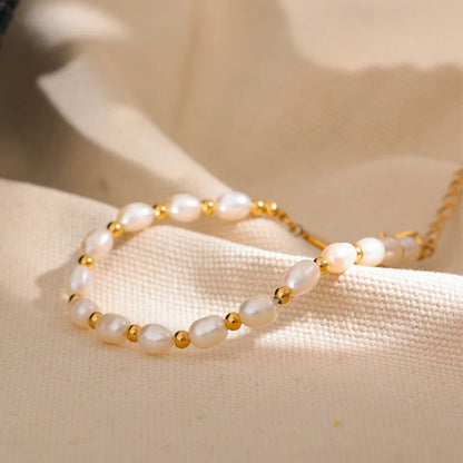 Handmade Natural Freshwater Pearl Bracelet with 18K Gold Plated Beads