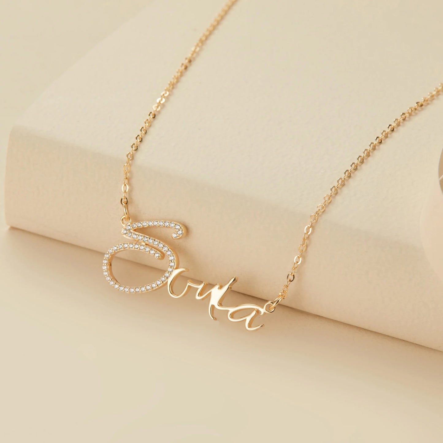 14K Solid Gold Name Necklace with CZ First Letter