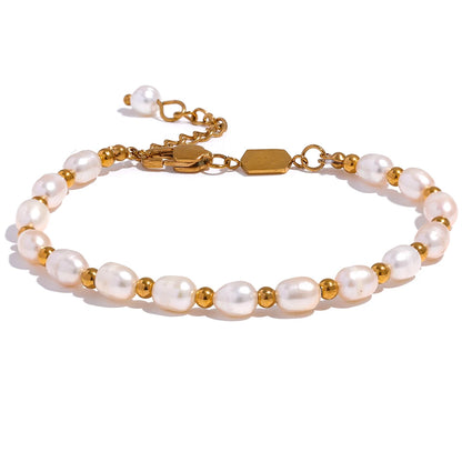 Handmade Natural Freshwater Pearl Bracelet with 18K Gold Plated Beads